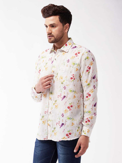 Men's Multicolour-Base-Cream Muslin Ethnic Shirtt